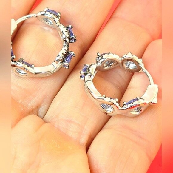 925 Sterling Silver Hoop Earrings with Natural Tanzanite & Sapphire Gems - Picture 4 of 7